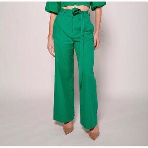 Suncoo Paris Womens Julius High Waist Belted Pant Green Wide Leg size XS